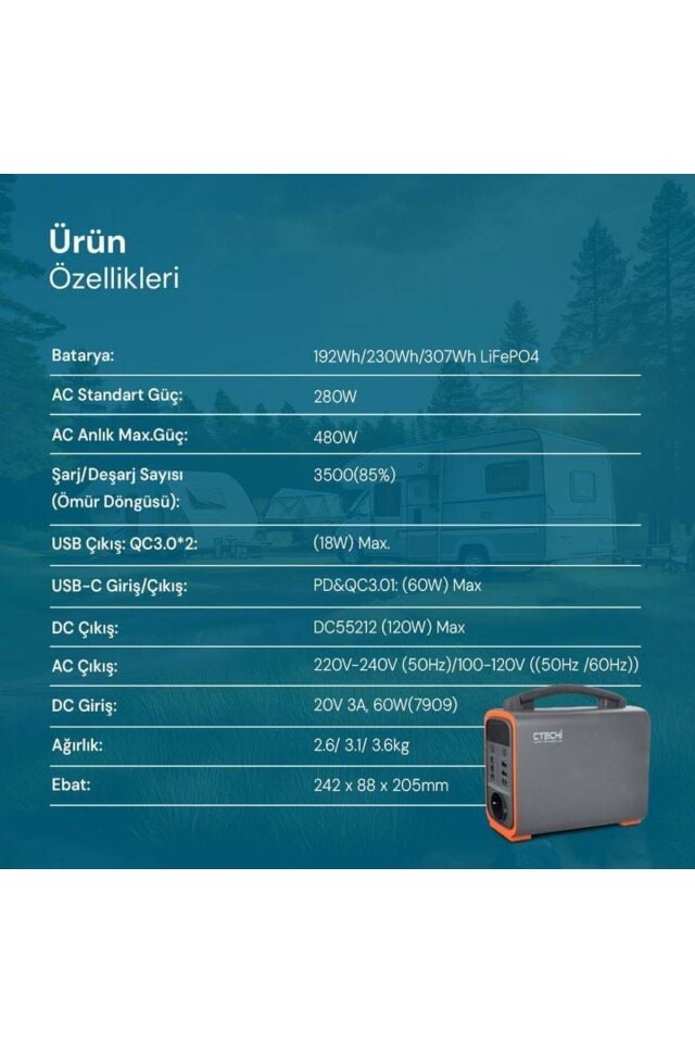 CTECHI GT200 240Wh Taşınabilir Güç Kaynağı Power Station Kamp Acil Durum Dış Mekan Şarj İstasyonu