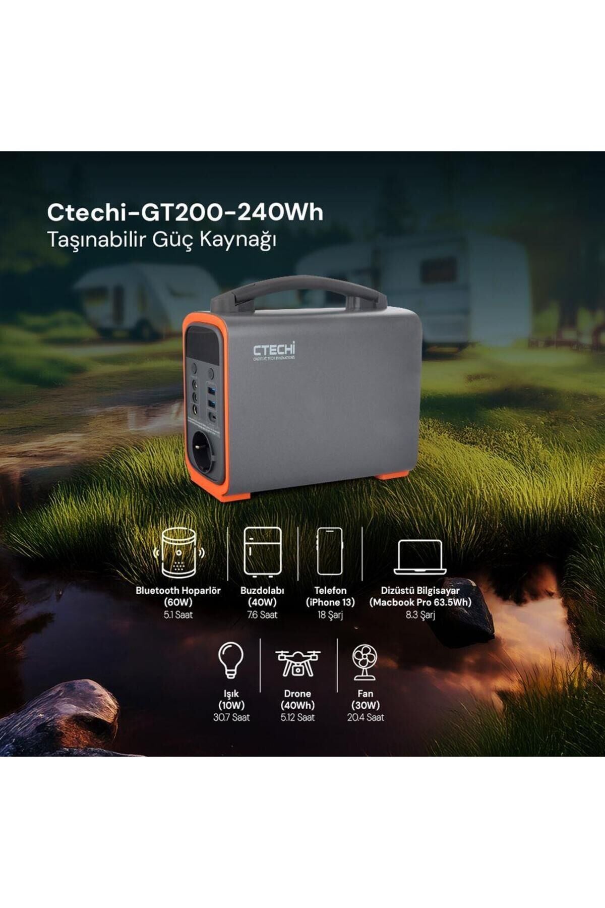 CTECHI GT200 240Wh Taşınabilir Güç Kaynağı Power Station Kamp Acil Durum Dış Mekan Şarj İstasyonu