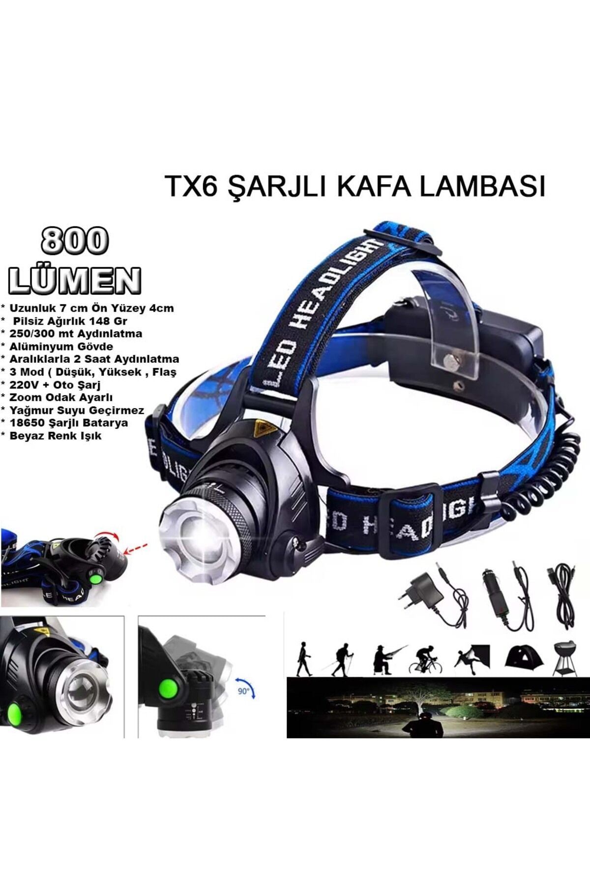 Orjinal 800 Lümen Tx6 Şarjlı Zoomlu Kafa Feneri Wt 120
